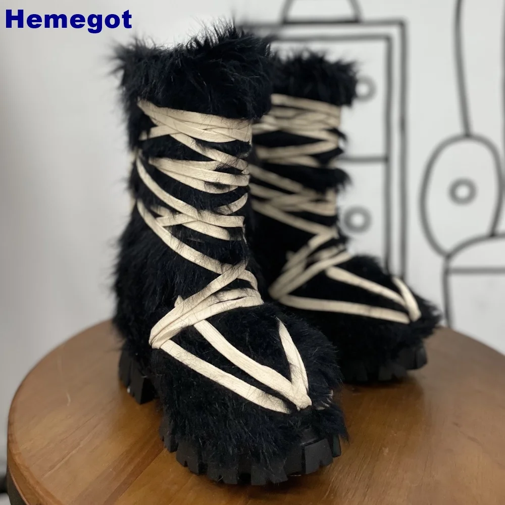 Street Fashion Y2K - Women Black Furry Mid Calf Platform